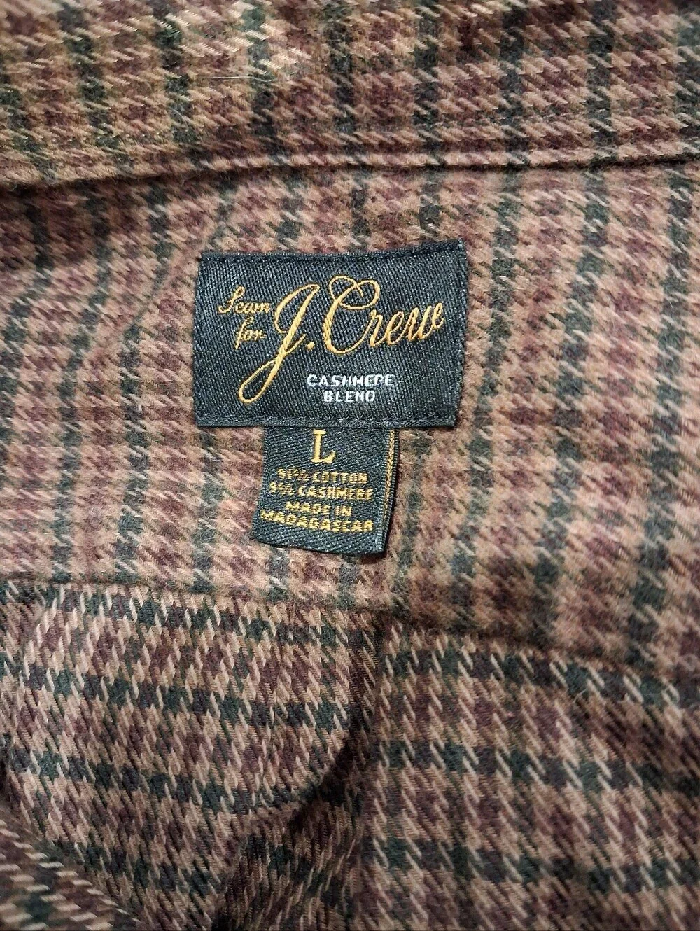 J Crew Mens Size L Cotton/Cashmere Blend Brown Flannel Shirt